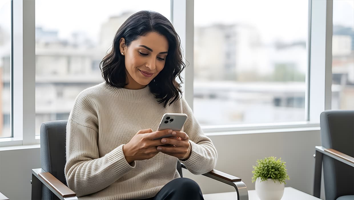 Mujer sentada junto a una ventana usando su celular en una sala luminosa.