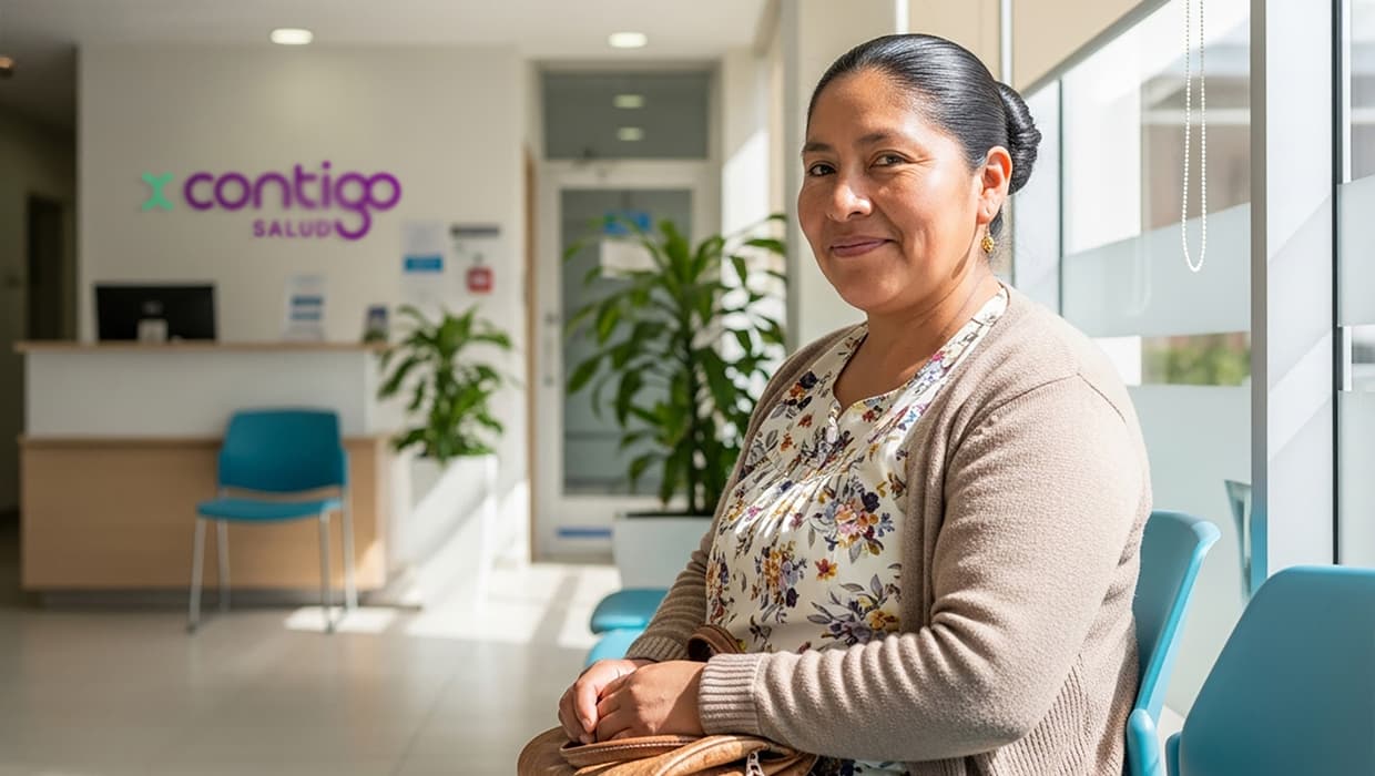 Mujer sonriendo en la sala de espera de un centro de salud Contigo Salud.