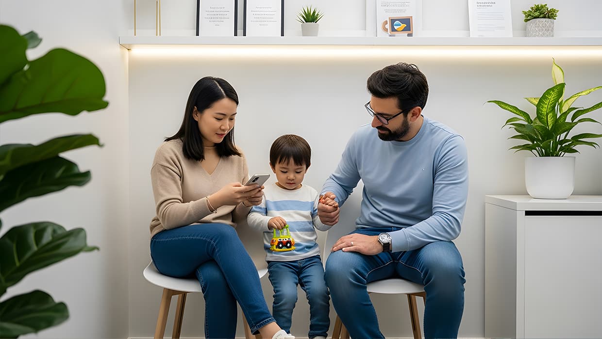 Familia con un niño pequeño esperando en una sala de salud, jugando y mirando el celular.